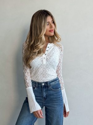 Thea Lace Henley Top in Off White