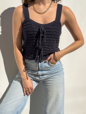 Kayla Crochet Knit Tie Top in Navy